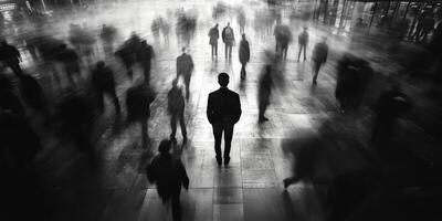 A lone figure stands out in a blurred crowd of the city photo