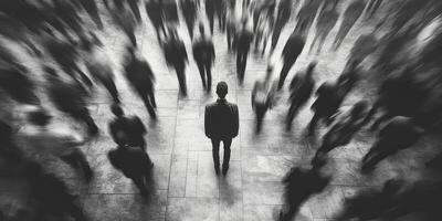 Man standing alone in a bustling crowd during an urban evening photo