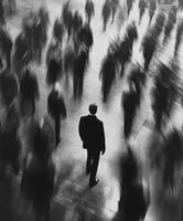 Man stands alone amid a crowd in a busy urban setting photo