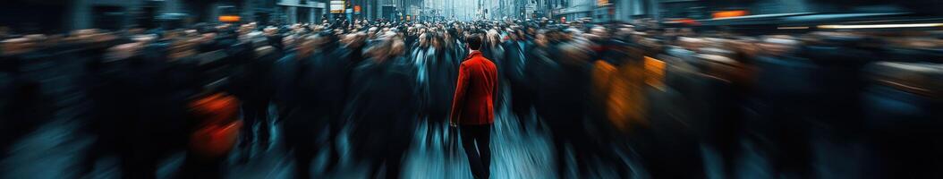 Busy city street filled with blurred crowds and a person in bright red photo