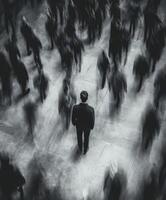 Man stands alone amidst a bustling crowd in a noir-inspired urban setting photo