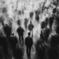 Individual surrounded by blurred figures in a noir-style urban setting photo