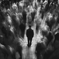 Man stands still amidst a chaotic crowd in a noir atmosphere photo