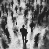 Crowd in motion with a solitary figure in black and white setting photo