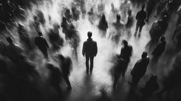 Walking through a foggy crowd at night in a noir city atmosphere photo
