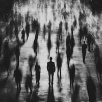 Silhouetted figures in a crowded urban space during evening hours photo