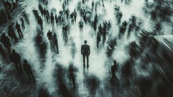 Crowd of blurred figures with a solitary man in a noir urban environment photo