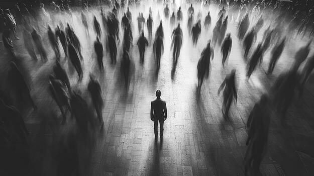 Silhouette of a lone figure surrounded by an indistinct crowd in a noir setting photo