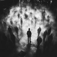 Shadows and fog create an eerie atmosphere in an urban landscape at night photo
