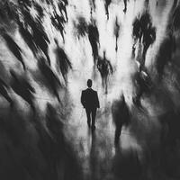 Urban man stands still amidst a crowd in a bustling city environment photo
