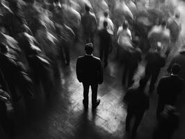Man standing still amidst a bustling crowd in black and white environment photo