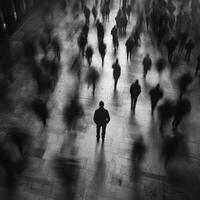 Dark silhouettes create a lively atmosphere in a busy urban space at night photo