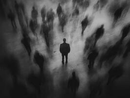 Solitary figure standing amidst a blur of moving shadows in a noir setting photo