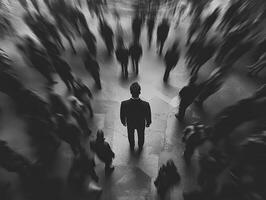 Mysterious figure surrounded by a crowd in a noir-inspired setting photo