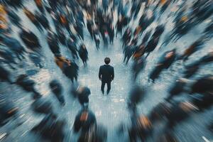 Standing alone in a crowded urban space during a bustling noir evening photo