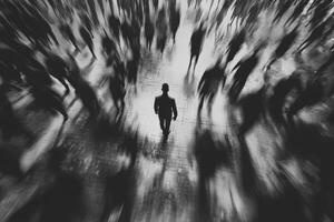 Crowd of figures in motion with a lone individual standing still photo