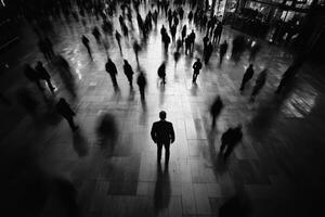 Lonely figure stands amidst blurred crowd in a bustling urban setting photo