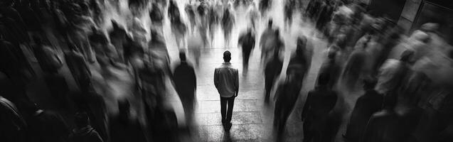 Lonely figure surrounded by a blur of moving crowds in a bustling urban space photo