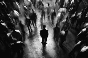 Crowd of People Surrounding a Sole Individual in Noir Style Setting photo