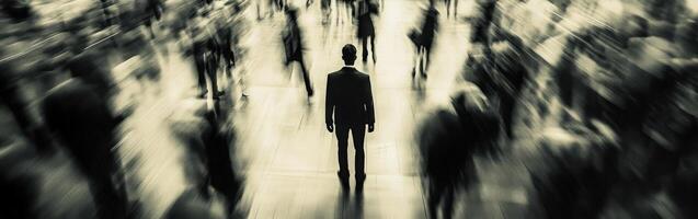 Noir atmosphere of a solitary figure surrounded by a bustling crowd photo