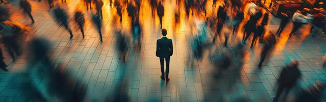 Man stands alone in a bustling urban environment during twilight photo