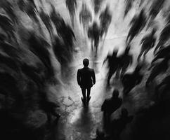 Silhouetted figure stands alone among swirling shadows in a noir setting photo