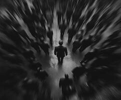 Mysterious figure stands alone in a crowd during a dark, rainy evening photo