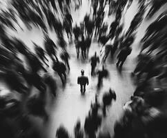 Urban figure stands still amid a crowd in a vibrant city setting photo