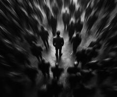 Standing alone in a crowd in black and white during a busy urban moment photo