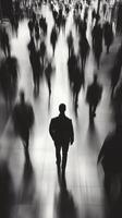 Silhouetted figure walking through busy urban crowd in black and white photo