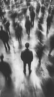 Person standing still amidst a blur of moving figures in a busy space photo