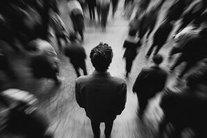 Urban solitude captured in a blurred crowd setting during the day photo