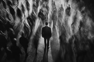 Lonely figure stands amidst a crowd in a dramatic noir setting photo