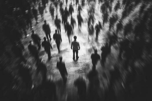 Figures in motion surround a solitary person in an urban noir setting photo