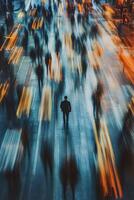 Nighttime street view of solitary figure amid bustling city movement photo