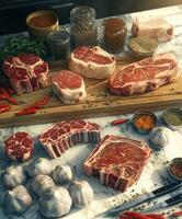 Various cuts of fresh meat displayed on a marble countertop in a kitchen photo