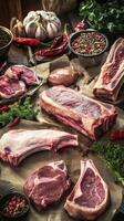 Variety of fresh meats displayed on a rustic wooden table for cooking photo
