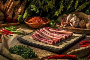 Delicious raw meat ready for grilling with herbs and spices around photo