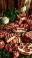 Fresh cuts of meat arranged on a wooden table with herbs and spices photo