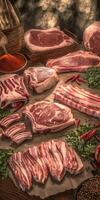 Various cuts of raw meat are beautifully arranged on a wooden surface photo