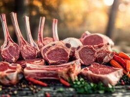 Freshly cut lamb chops and steaks arranged on wooden surface outdoors photo