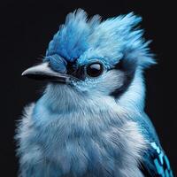 Striking blue bird with vibrant feathers against a dark background photo