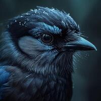 Close-up of a vibrant blue bird with intricate feather patterns and detail photo