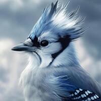 Blue jay perched against a cloudy backdrop showcasing its vibrant feathers photo