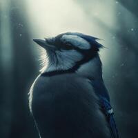 Captivating blue jay perched in soft sunlight among the trees photo