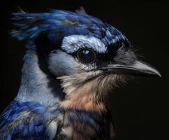 Blue jay perched in a serene setting showcasing vibrant plumage details photo
