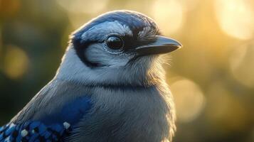 Close-up view of a blue jay bird during golden hour in natural setting photo