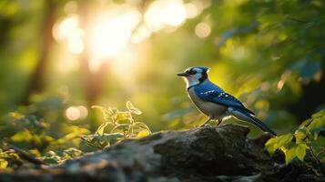 Blue jay perched on a rock with sunlight filtering through trees in nature photo
