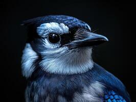 Close-up of a blue jay perched against a dark background photo