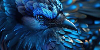 Bright blue bird with intricate feather details posing on a branch photo